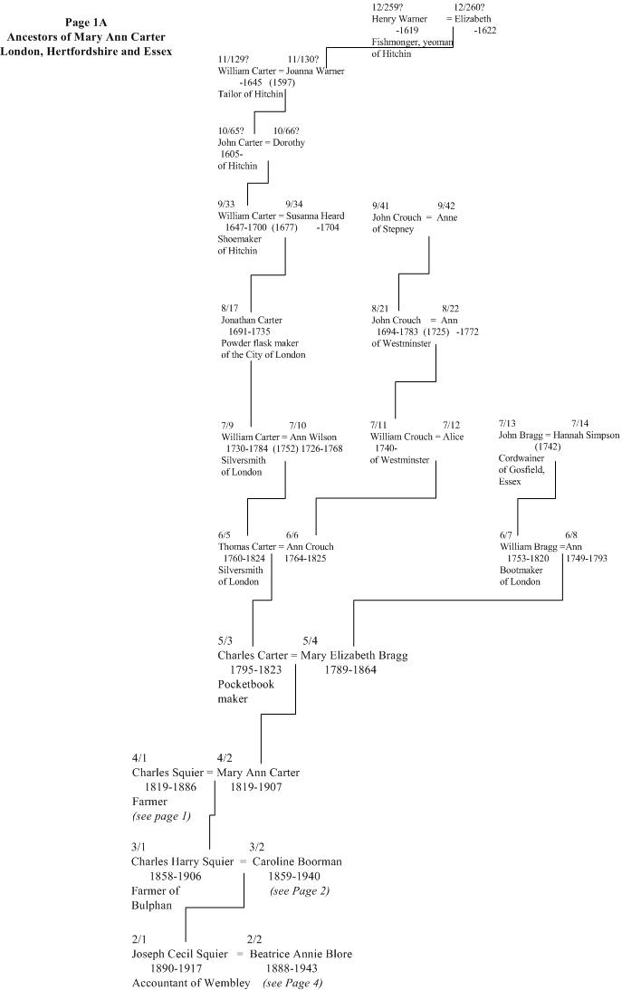 Squier family tree page 1A, Carter of London and Hitchin ancestors