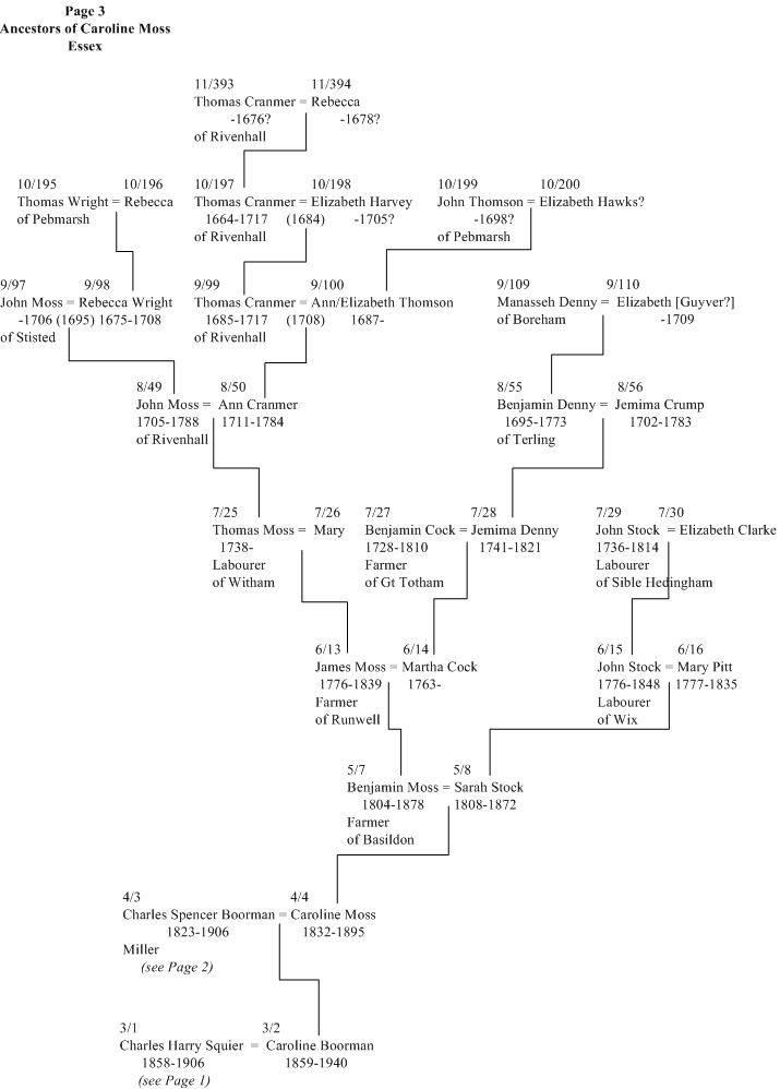 Squier family tree page 3, Moss of Essex ancestors