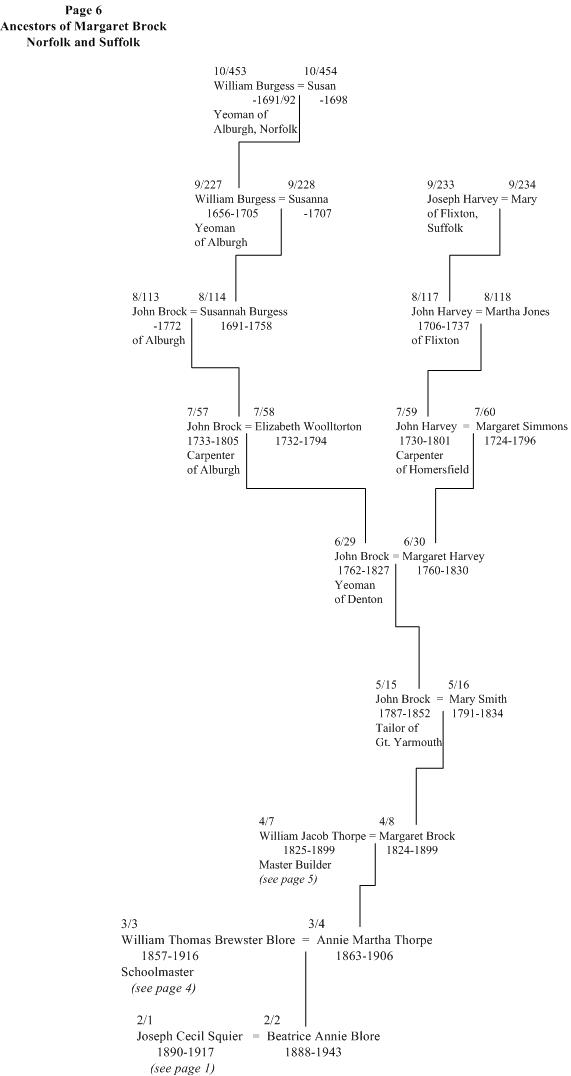 Squier family tree page 6, Brock of Norfolk and Harvey of Suffolk ancestors