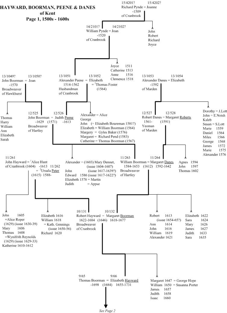 Hayward, Boorman, Peene and Danes family tree, 1500-1700