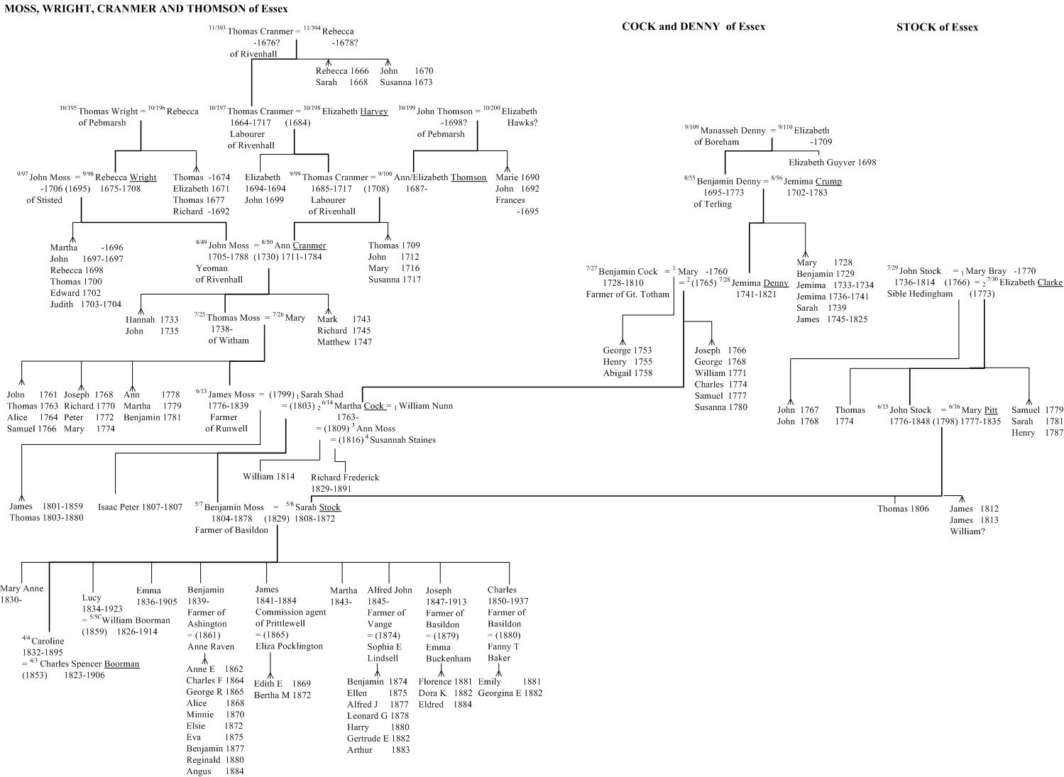 Moss, Wright, Cranmer, Thompson, Cock, Denny and Stock family tree