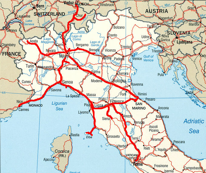 Our routes around northern Italy and nearby countries