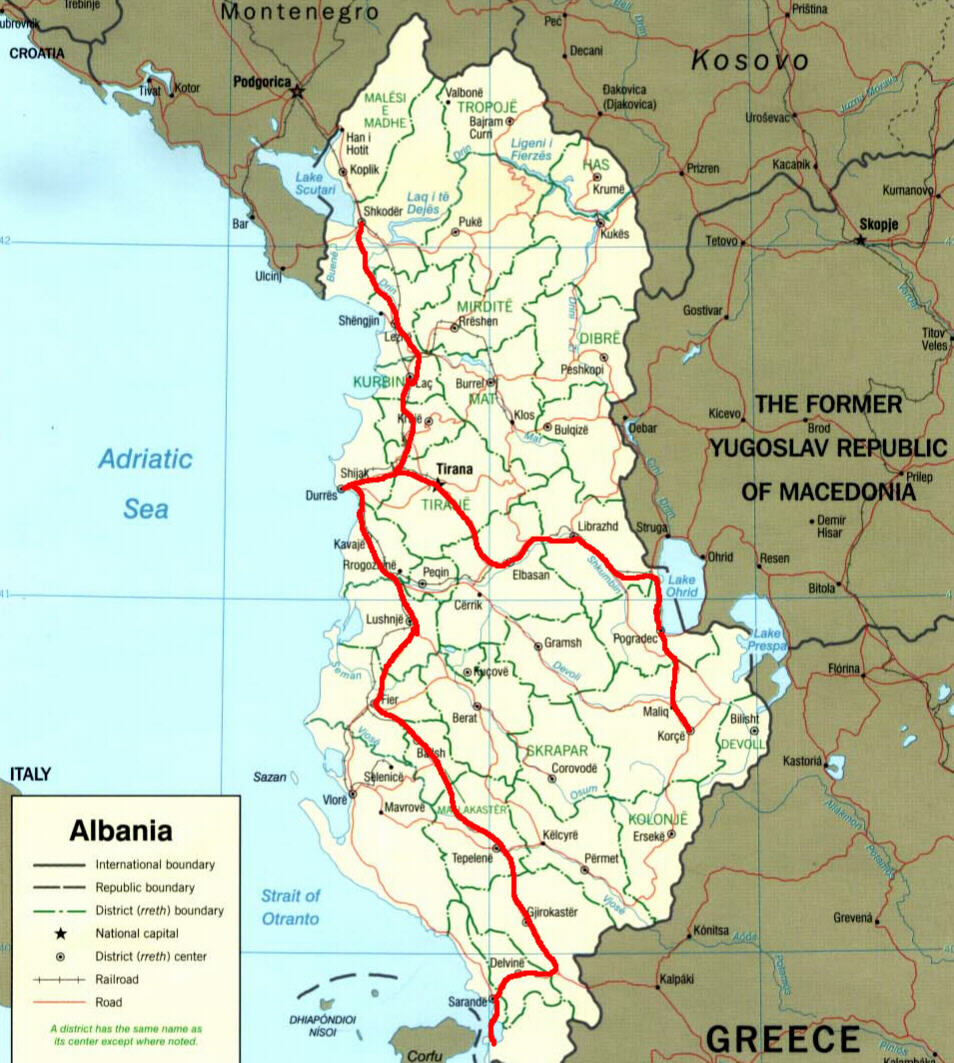 The routes of our trips around Albania in 1975