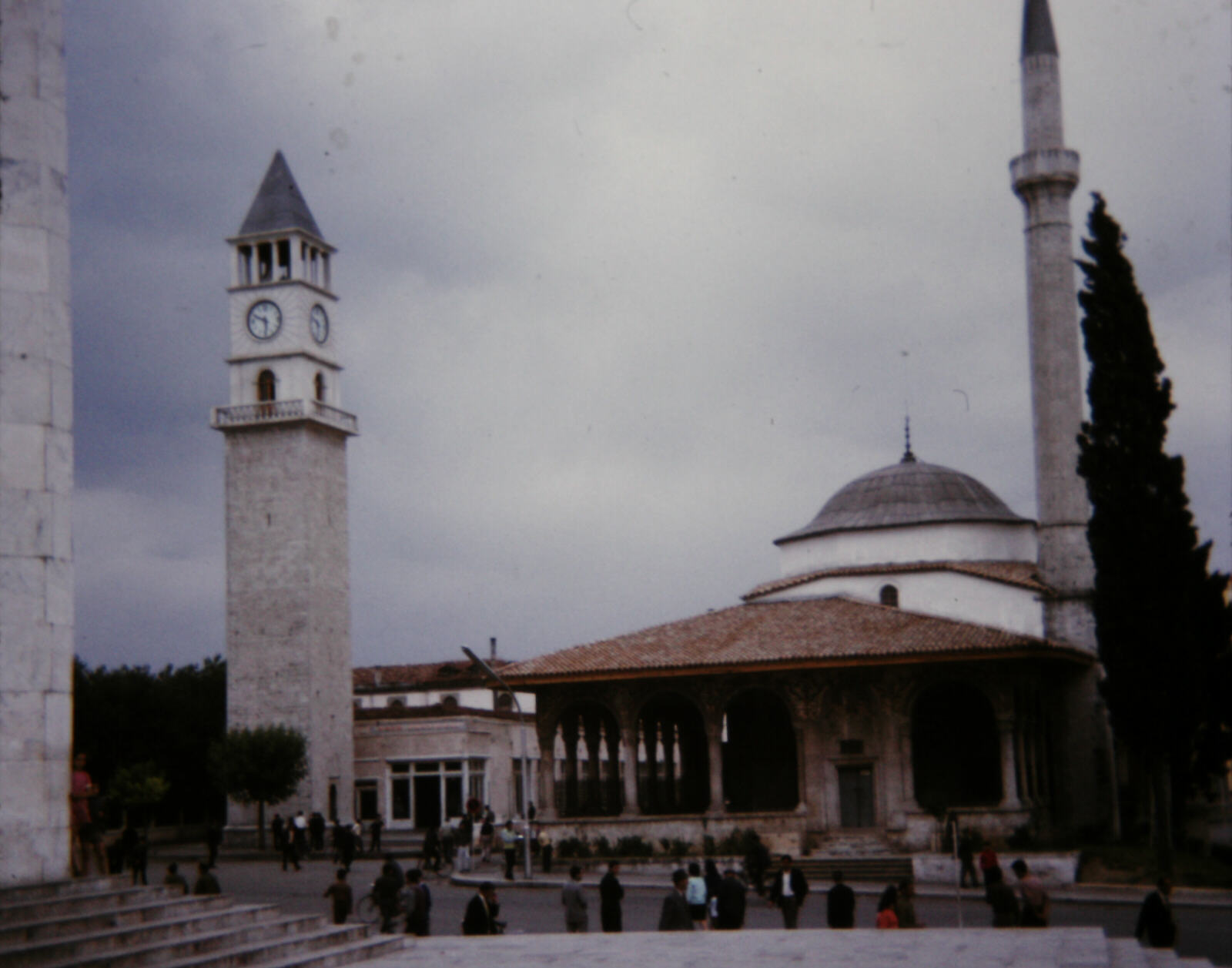 Mosque and clock tower in the main square of Tirana, Albania