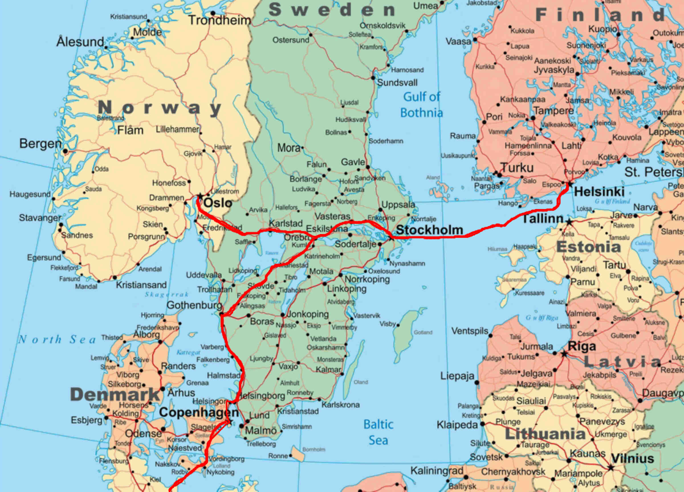 Our route from Stockholm to Oslo and Helsinki in 1979