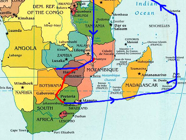 Our route round southern Africa and Indian Ocean islands