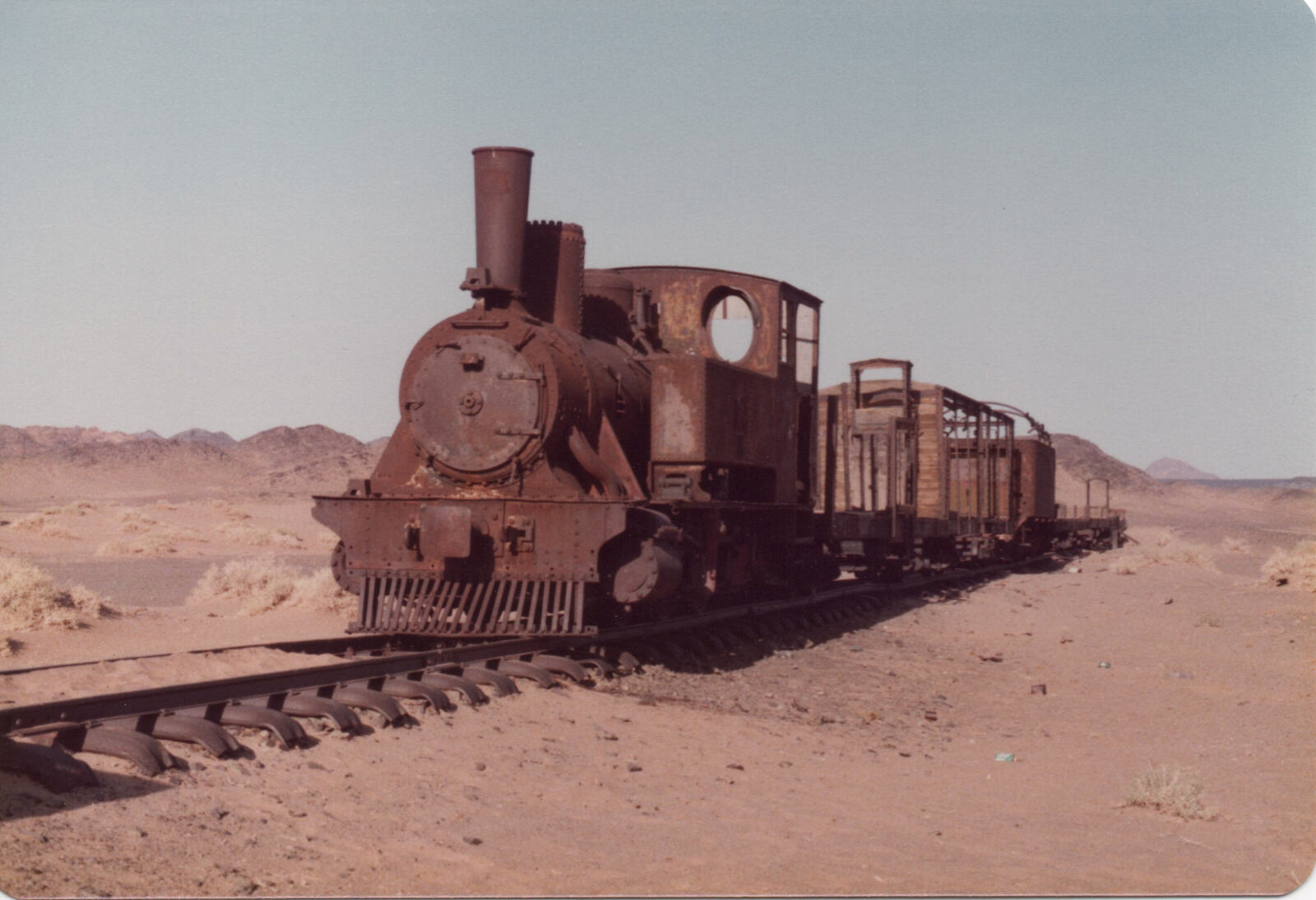 Skeleton of a complete Hijaz railway train at Hadiyah, Saudi Arabia