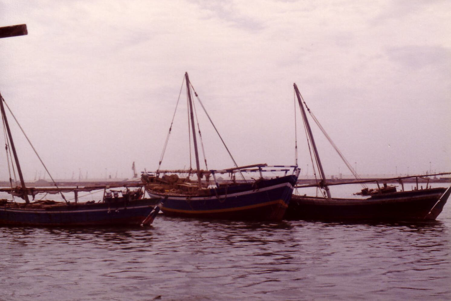 Wooden boats in Jeddah harbour, Saudi Arabia, in 1980