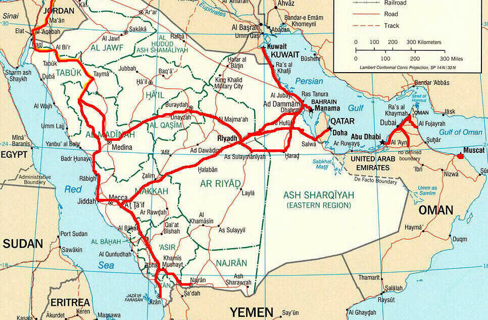 Map of our routes around Saudia Arabia and nearby countries