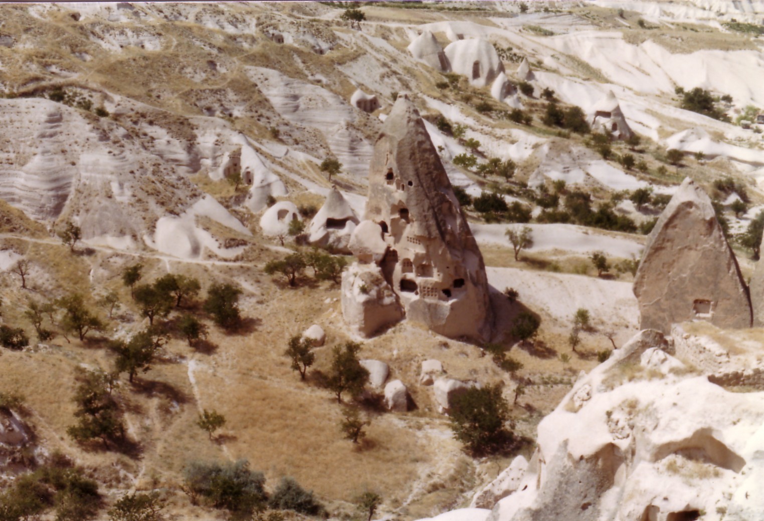 Rock formations and rock-hewn villages in Cappadocia, Turkey