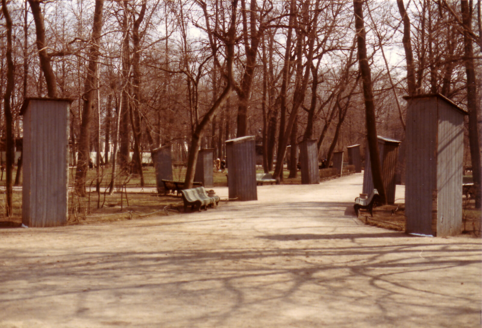 Statues in boxes in Peter the Great's summer gardens in Leningrad