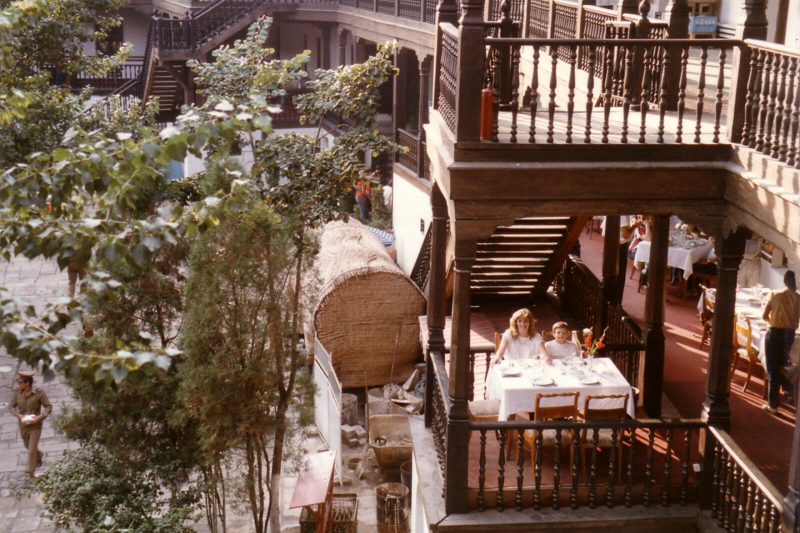 Lunch on a balcony at the Hanul Manuc in Bucharest, Romania