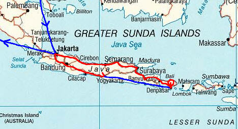 Our route from Jakarta to Bali and back