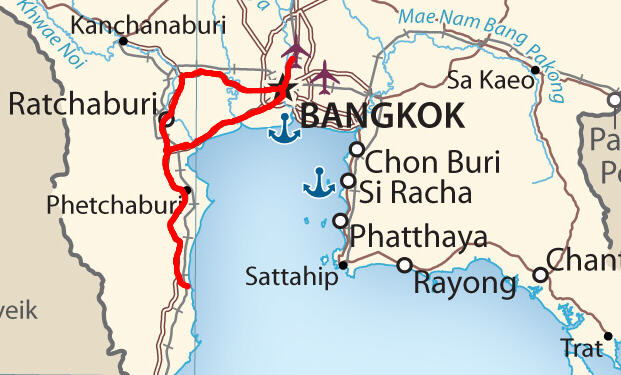 Our route from Bangkok to Hua Hin and back in Thailand