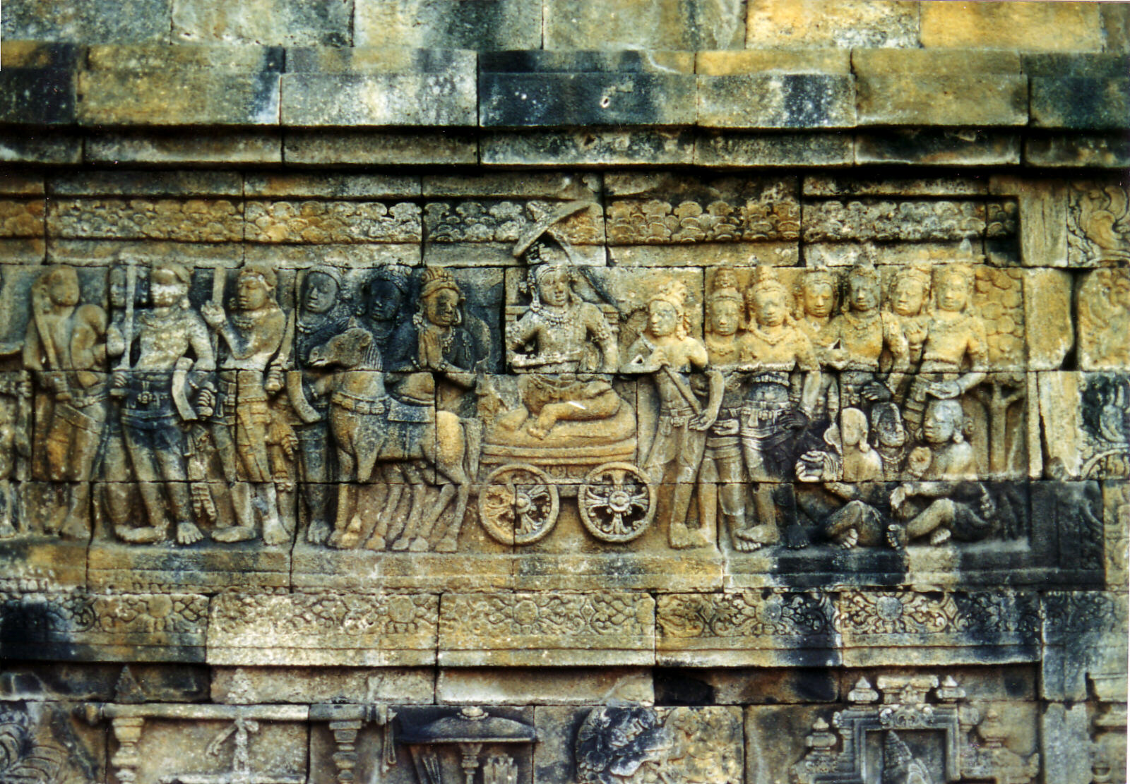 Carvings in Borobudur Buddhist temple in Java, Indonesia