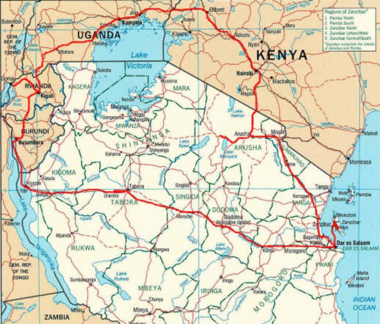 The route of our circular tour of East Africa