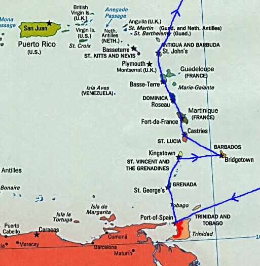 Our route through the Caribbean from Trinidad to Antigua