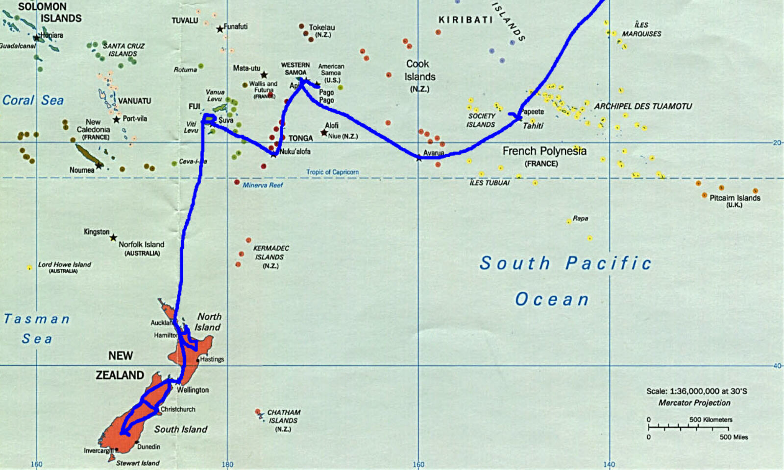 Our route around New Zealand, and across the South Pacific