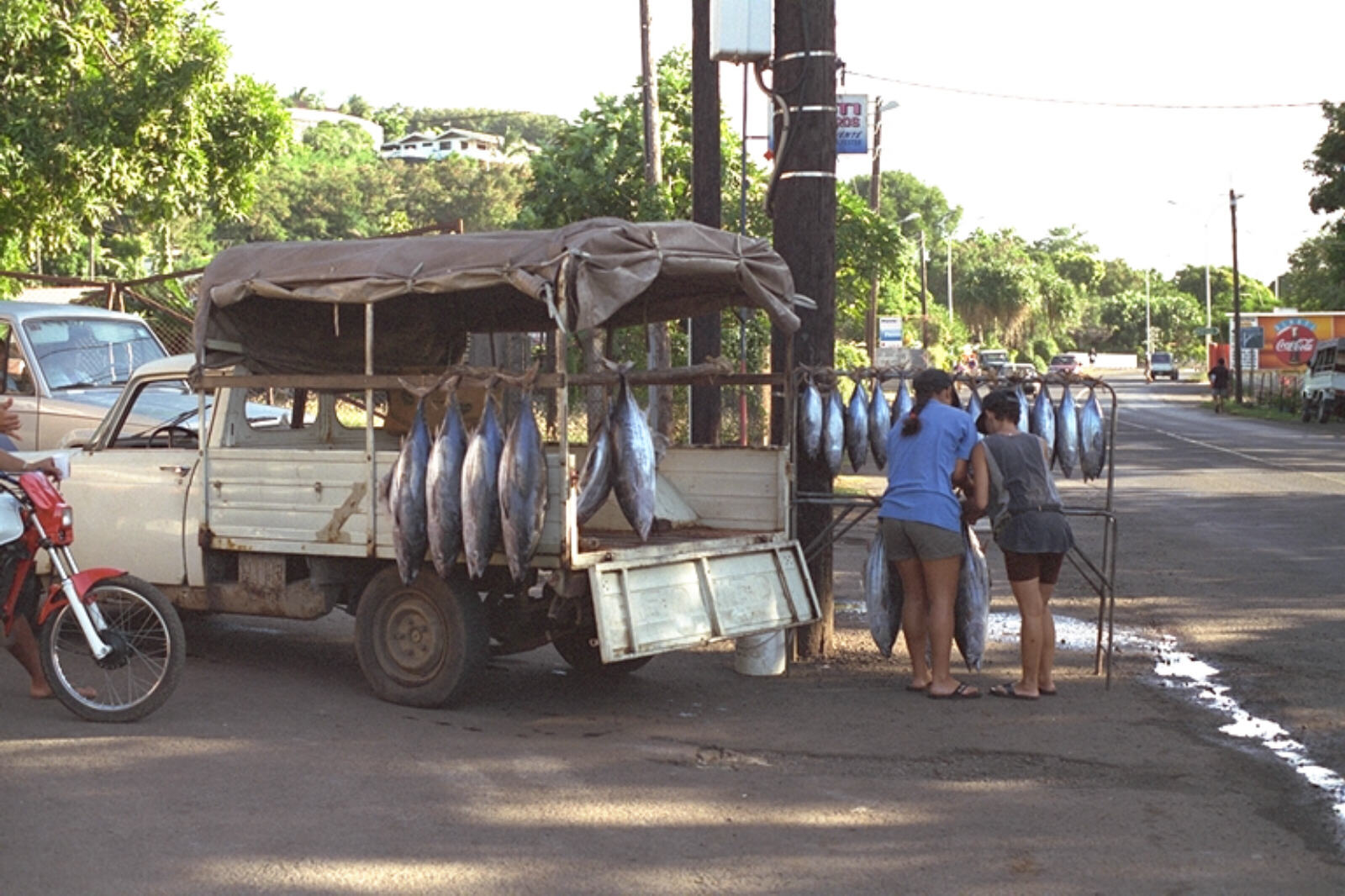 Fish sellers on airport road in Tahiti, French Polynesia