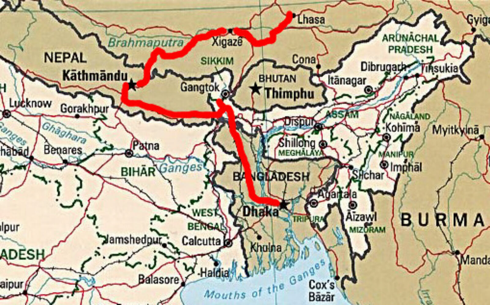 Map from Lhasa to Dhaka