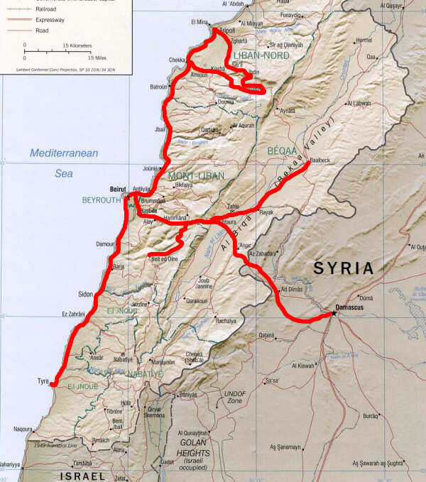 Our route from Damascus to Beirut and around Lebanon