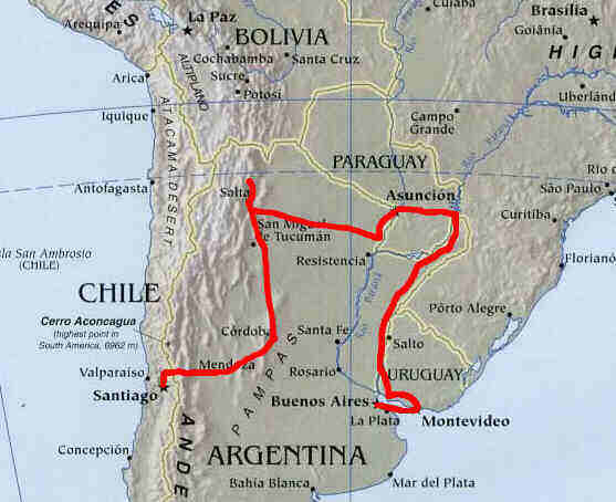 Our route from Santiago de Chile to Buenos Aires, Argentina