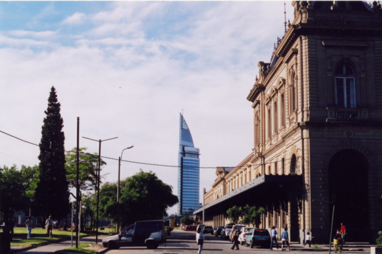 A modern skyscraper and old railway station, Rambla Sudamerica, Montevideo