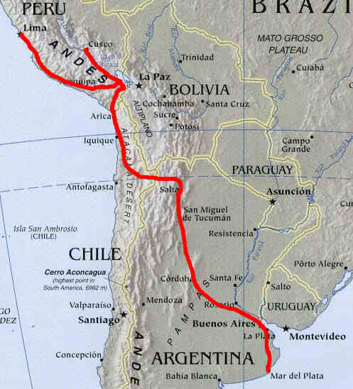 Our big bus route through Peru and Argentina