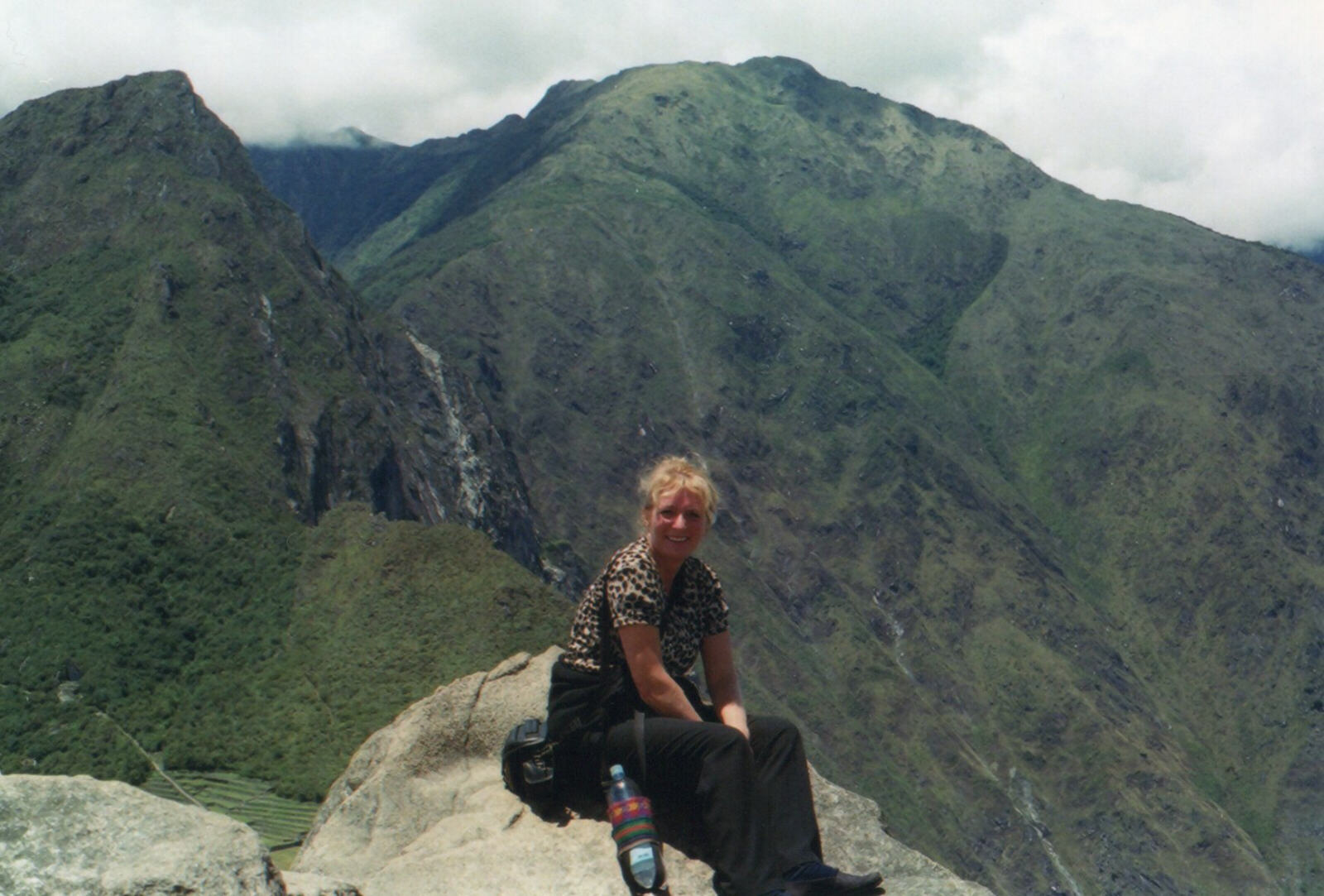 Sheila right at the top of Huayna Picchu at Machu Picchu, Peru