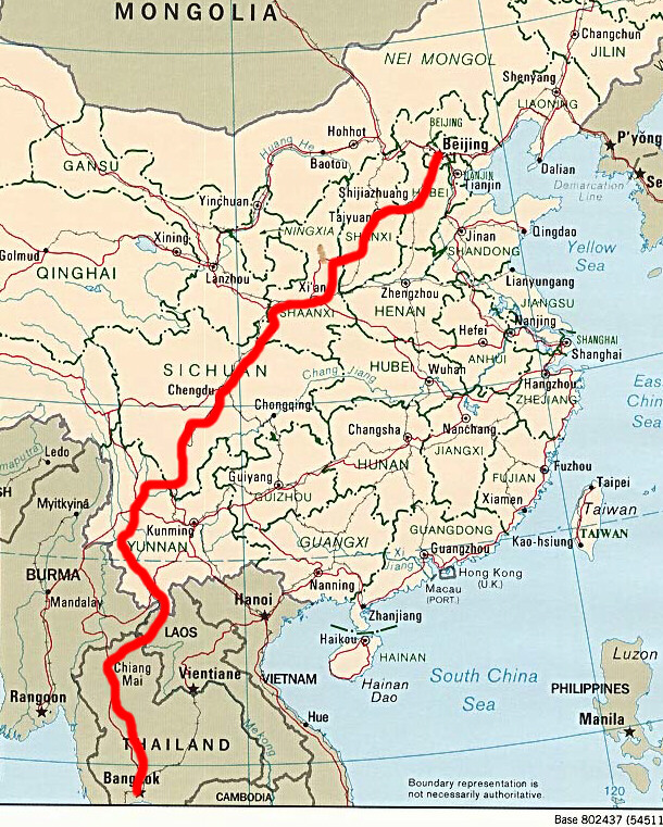 Our route overland from Beijing to Bangkok