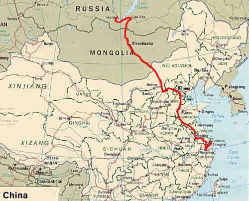 Our train route through Mongolia and China to Shanghai