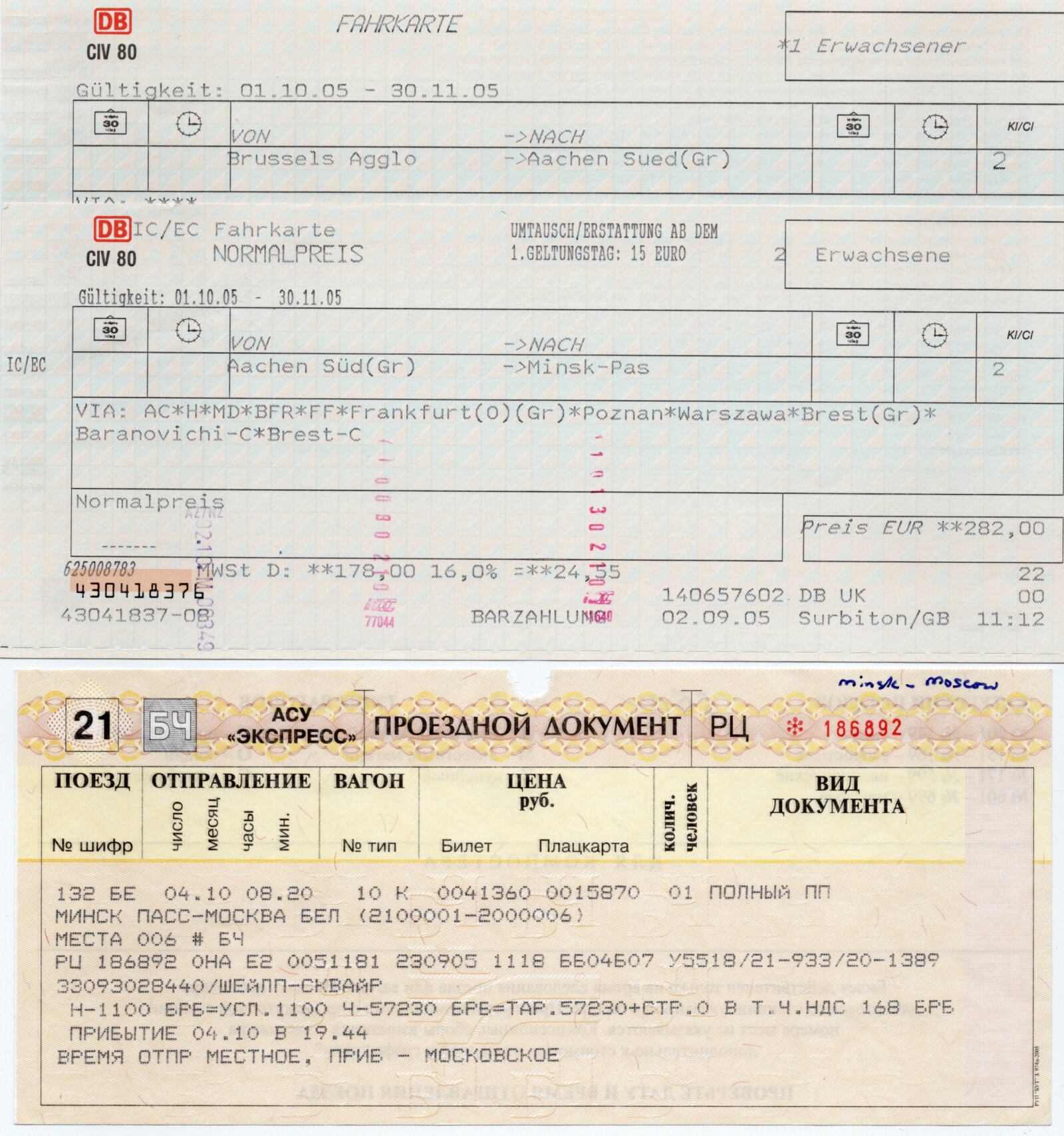 Our train tickets from Brussels to Minsk and Moscow