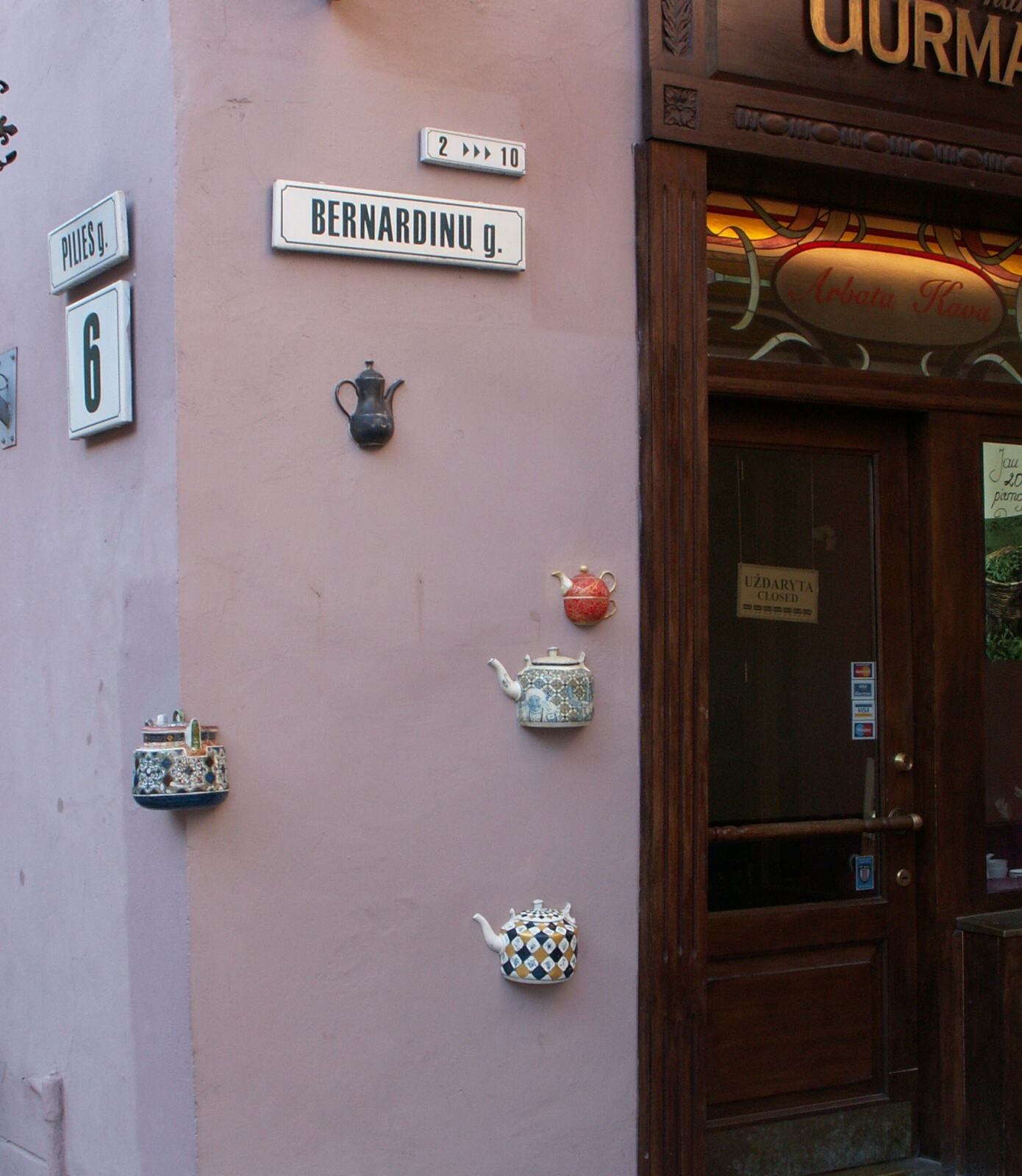 A teapot shop on the corner of Bernardinu Street in Vilnius, Lithuania