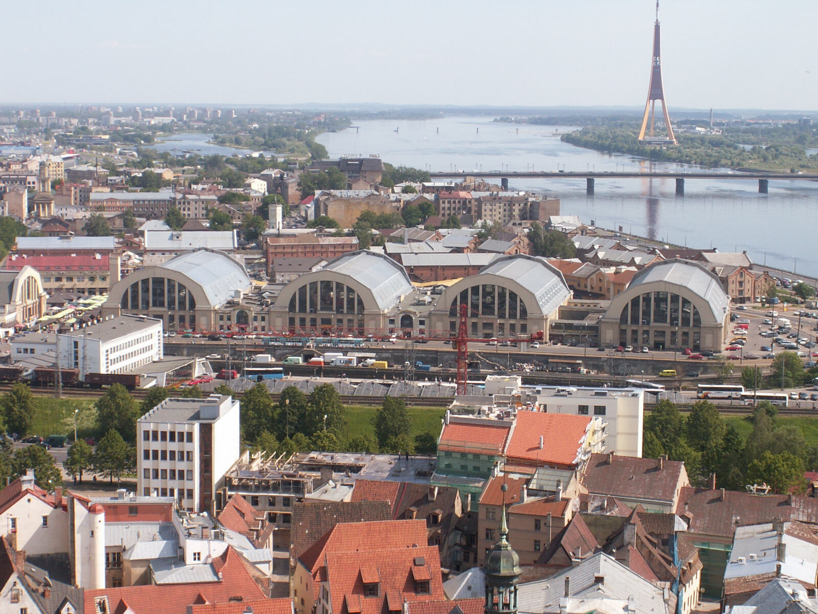 Main market and Salu bridge from the tower of St Peter's church in Riga, Latvia