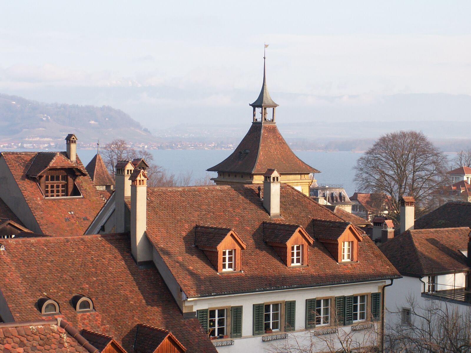 View from the city walls of Murten-Morat in Switzerland