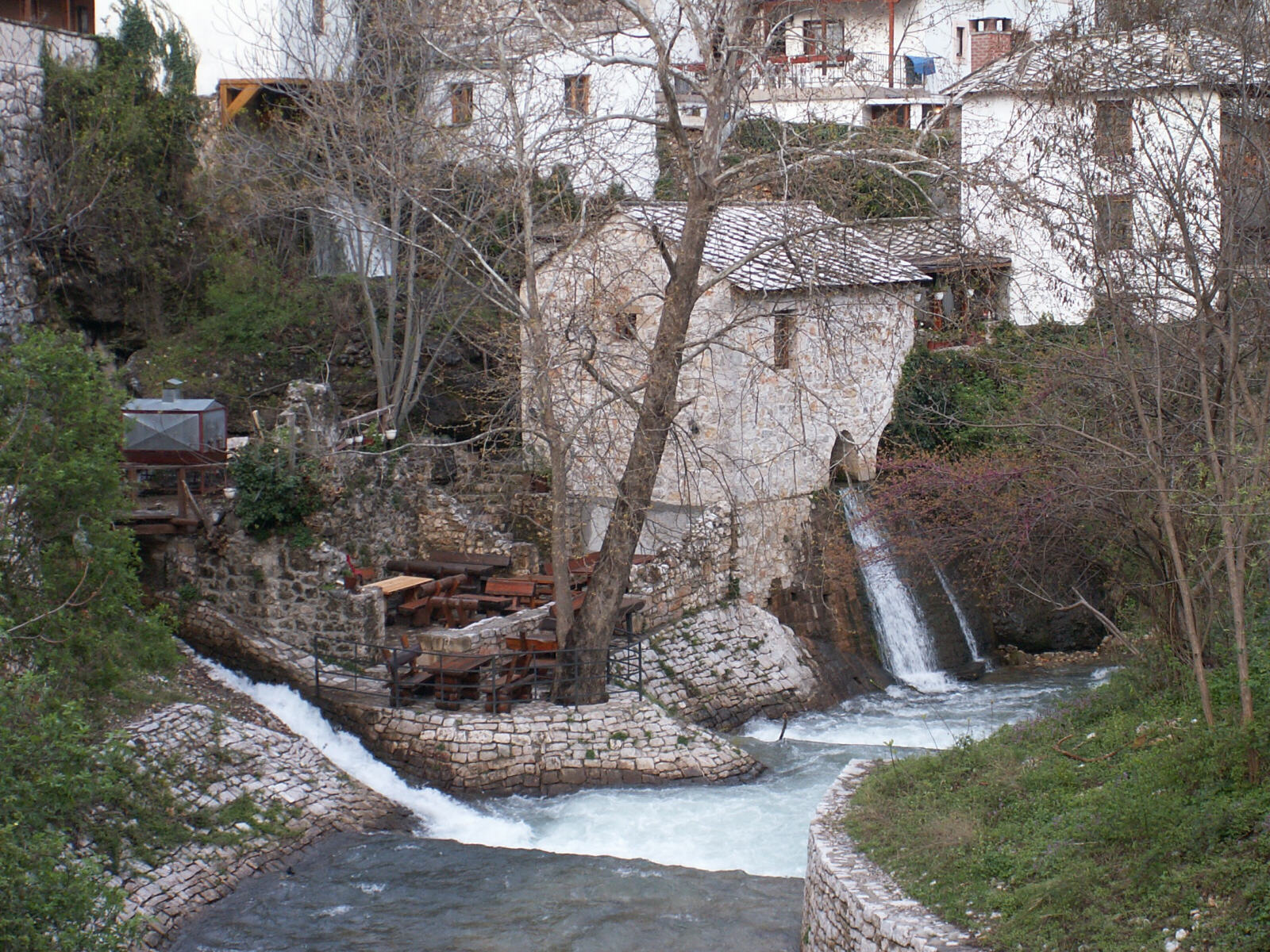 Rushing streams in the old town of Mostar in Bosnia