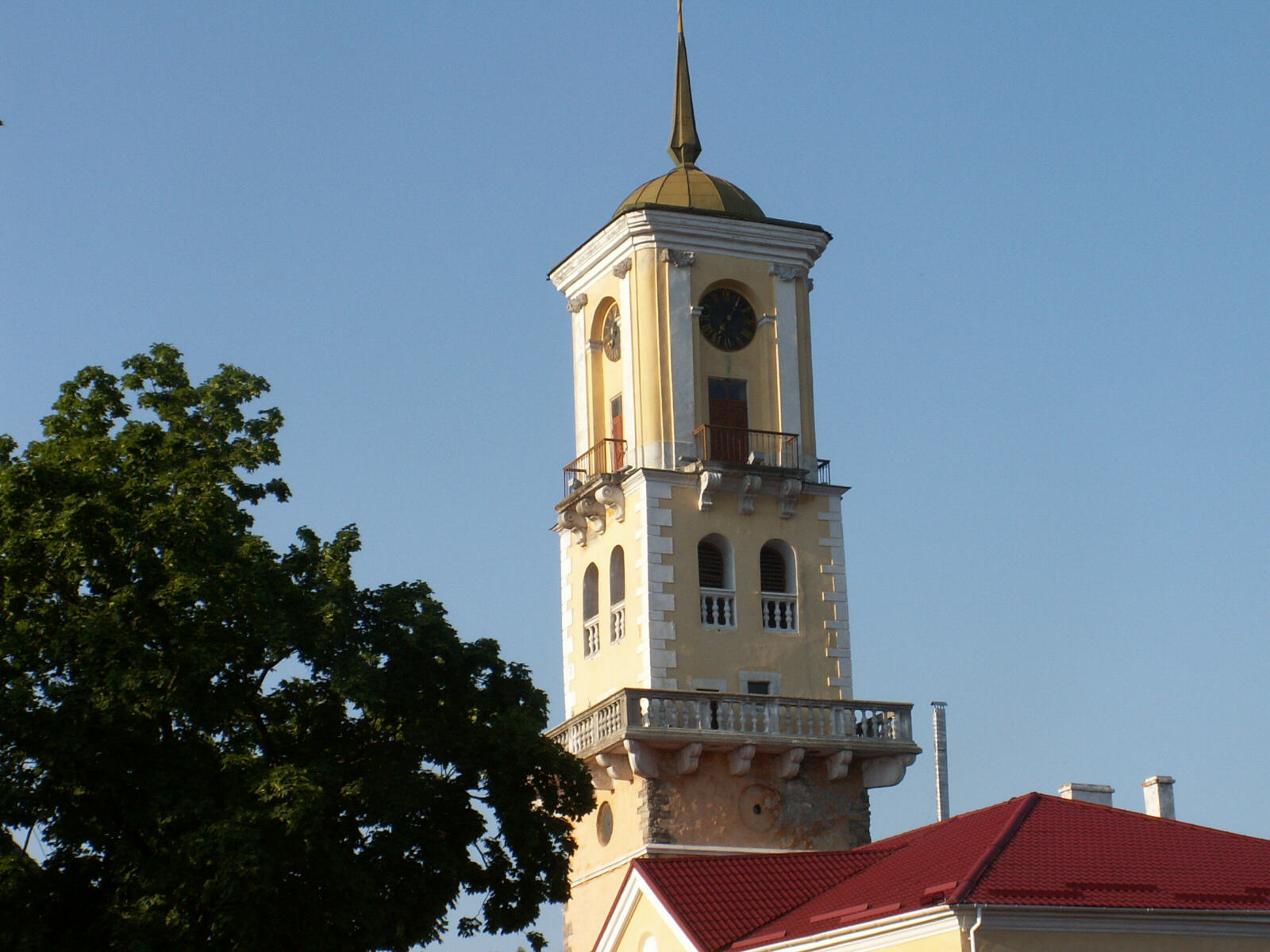 The spire of the town hall in the main square in Kamyanets-Podilsky, Ukraine