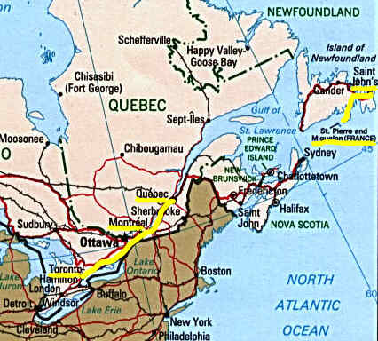 Our route from Toronto to Montreal, Quebec, St John's Newfoundland and St Pierre et Miquelon