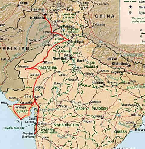 Our route from Mumbai, India, to Islamabad, Pakistan