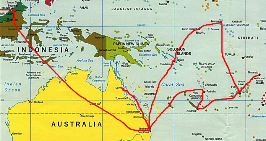 Our route to Brunei, Australia and seven Pacific islands