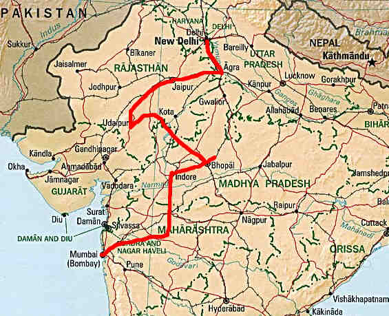 Our route through Maharastra, Madhya Pradesh and Rajasthan, India