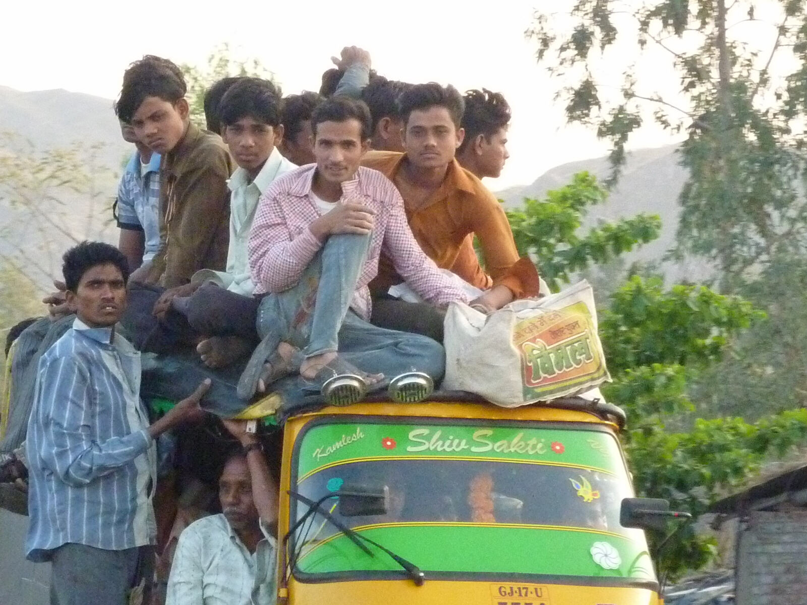 A rather crowded autorickshaw in Champaner, India