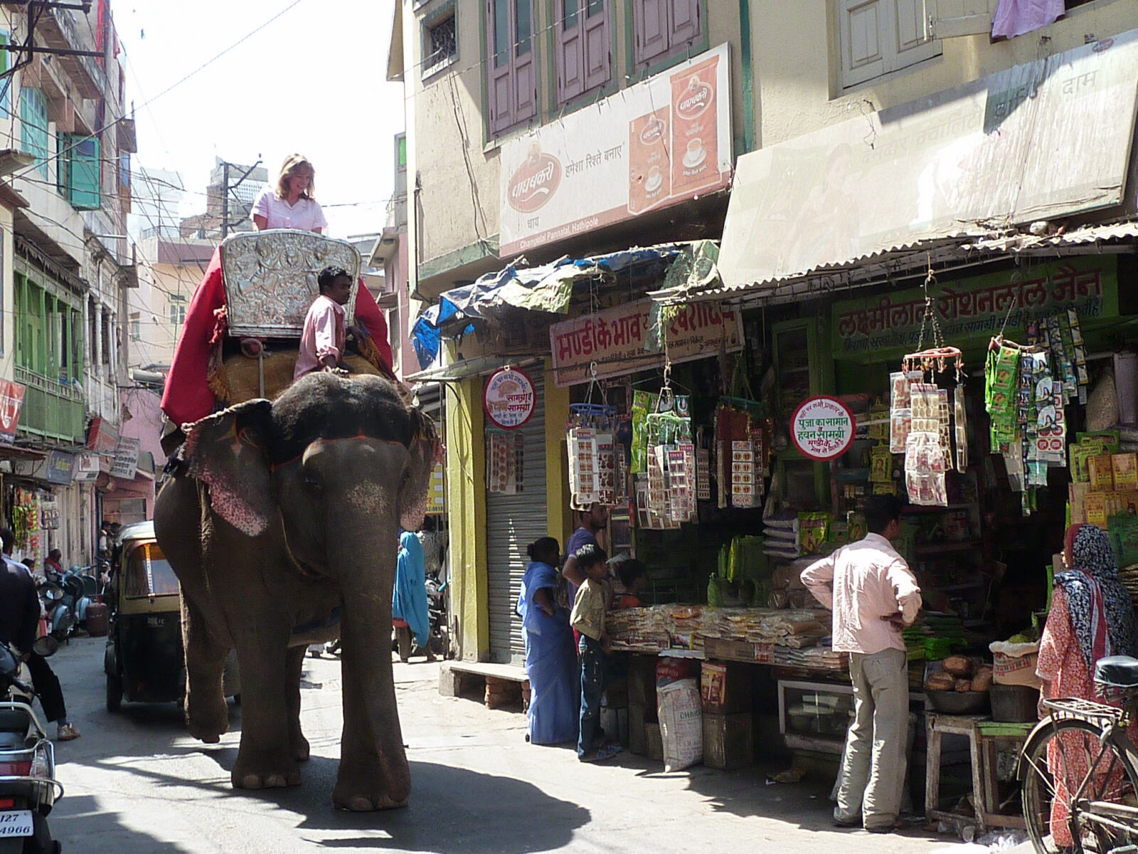Sheila riding Ramu the elephant through the streets of Udaipur, Rajasthan