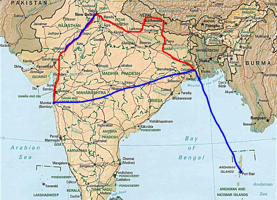 Our route through India and Nepal and the Andaman islands