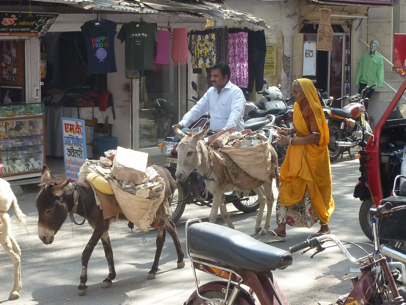 A donkey train carrying rubble through the streets of Udaipur, Rajasthan