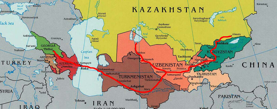 Our route on the Silk Road from the Caucasus across the Caspian sea through Central Asia and the Aral sea