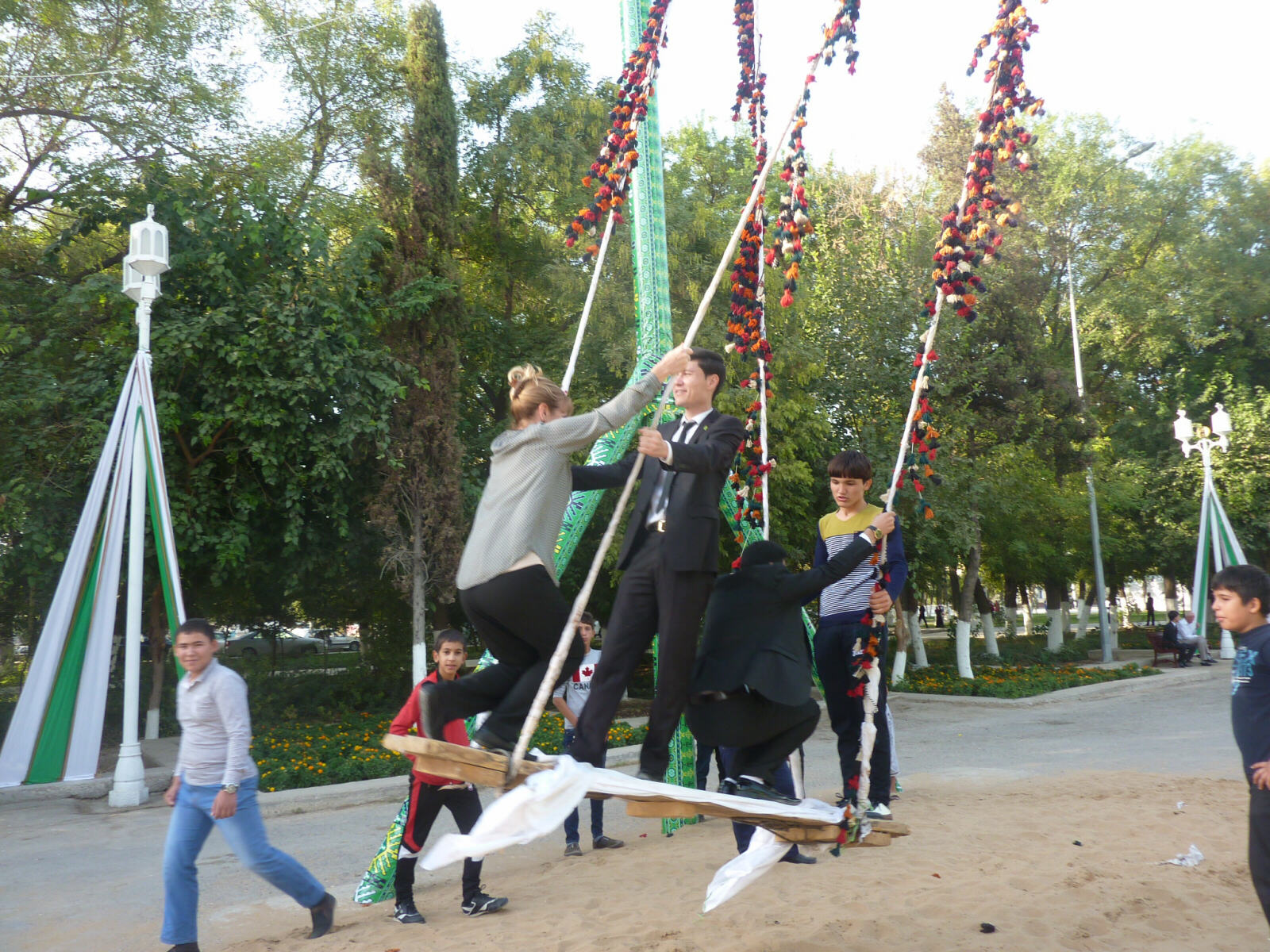 Sheila 'pegging up on the flying plank' in Ashgabat, Turkmenistan