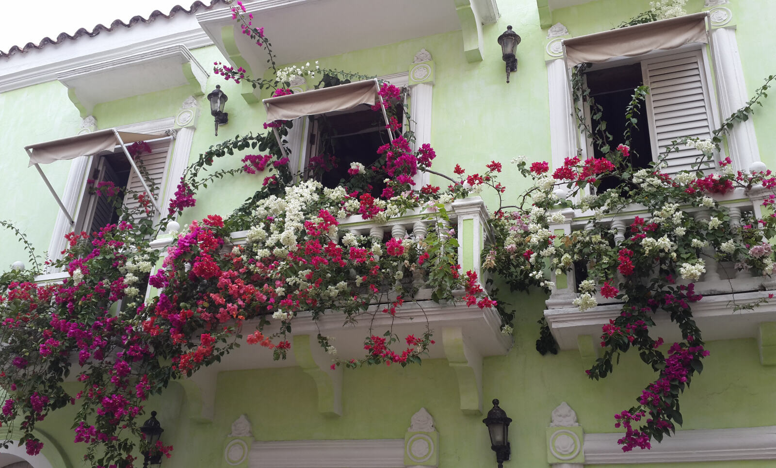 Flower-filled balcony in Cartagena, Colombia