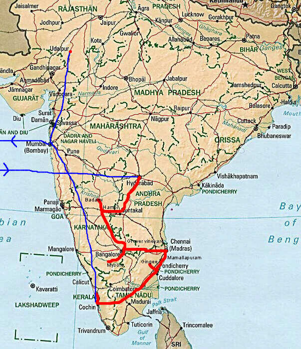 Our route round south India and up to Udaipur in Rajasthan
