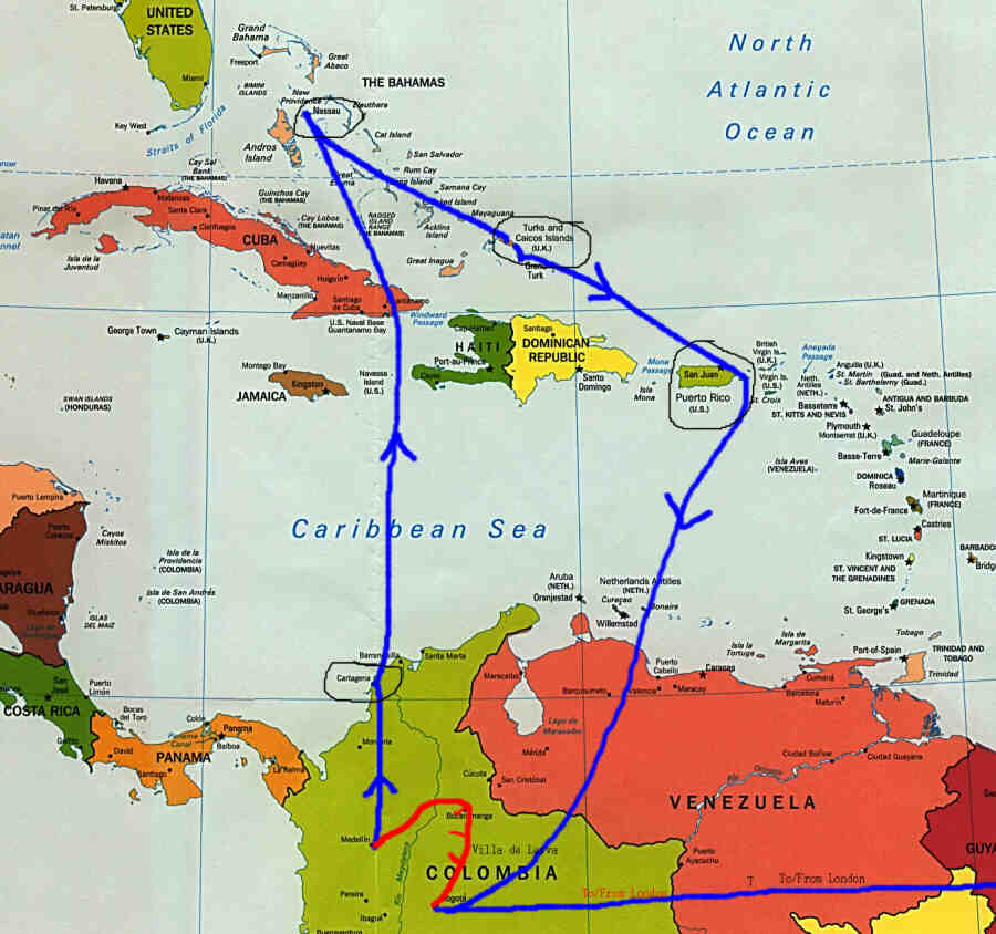 Our route through Colombia and to some Caribbean islands